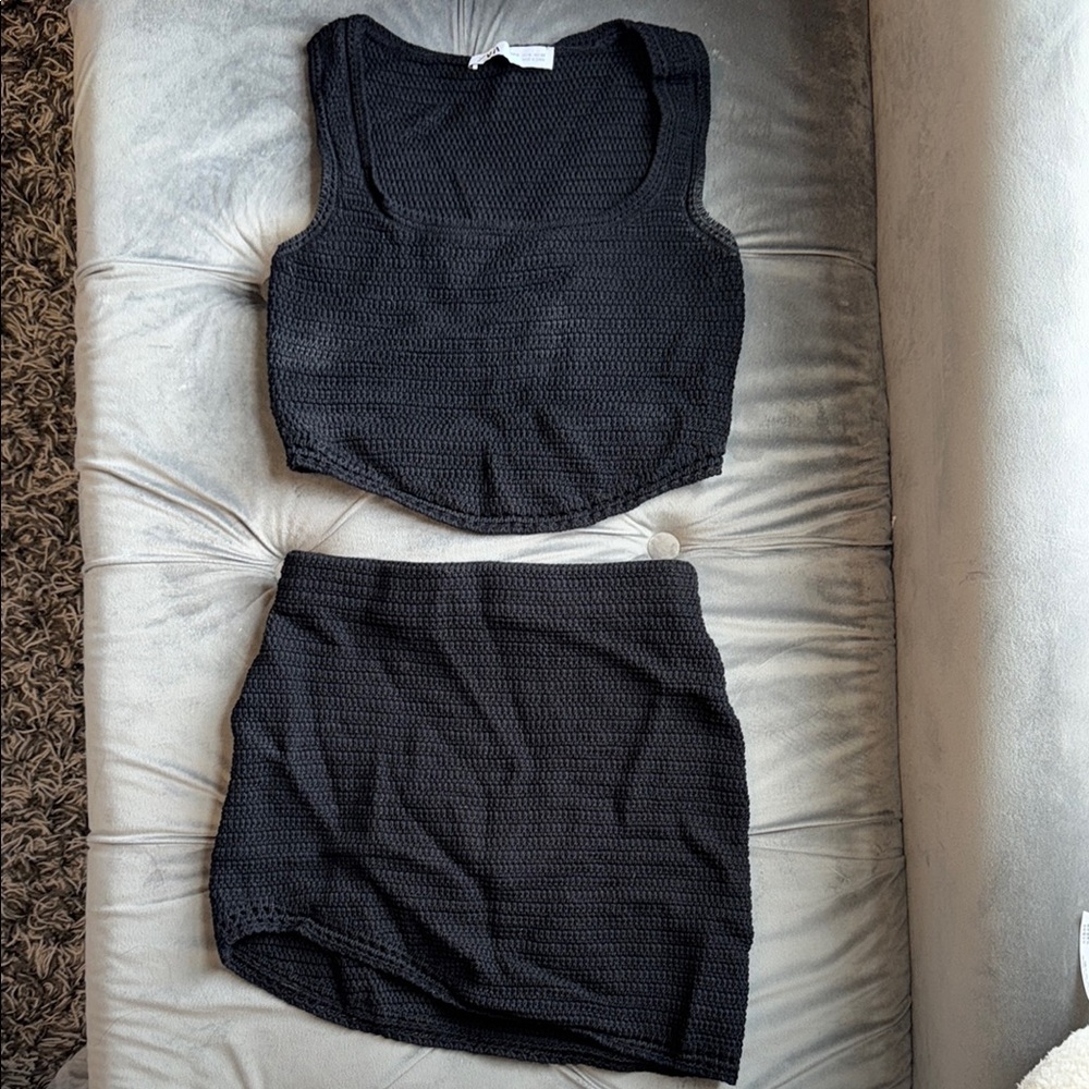 Zara Black Cropped Tank and Mini Skirt Set